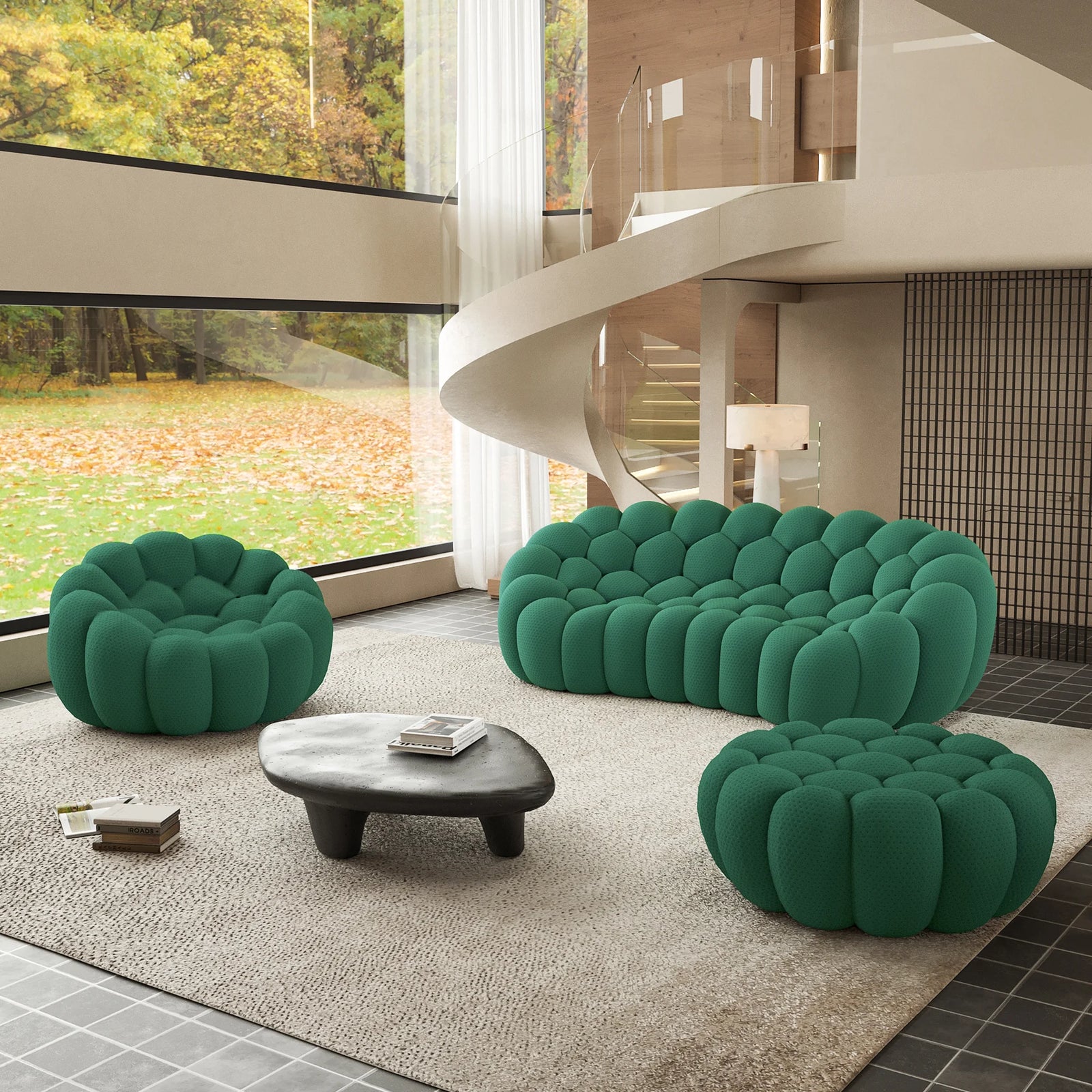 Essential 4-Seater green 3D-Knitted Fabric Sofa Sets | 3-Piece (includes 1 Ottoman), 3D-Knitted Fabric, Compact Design