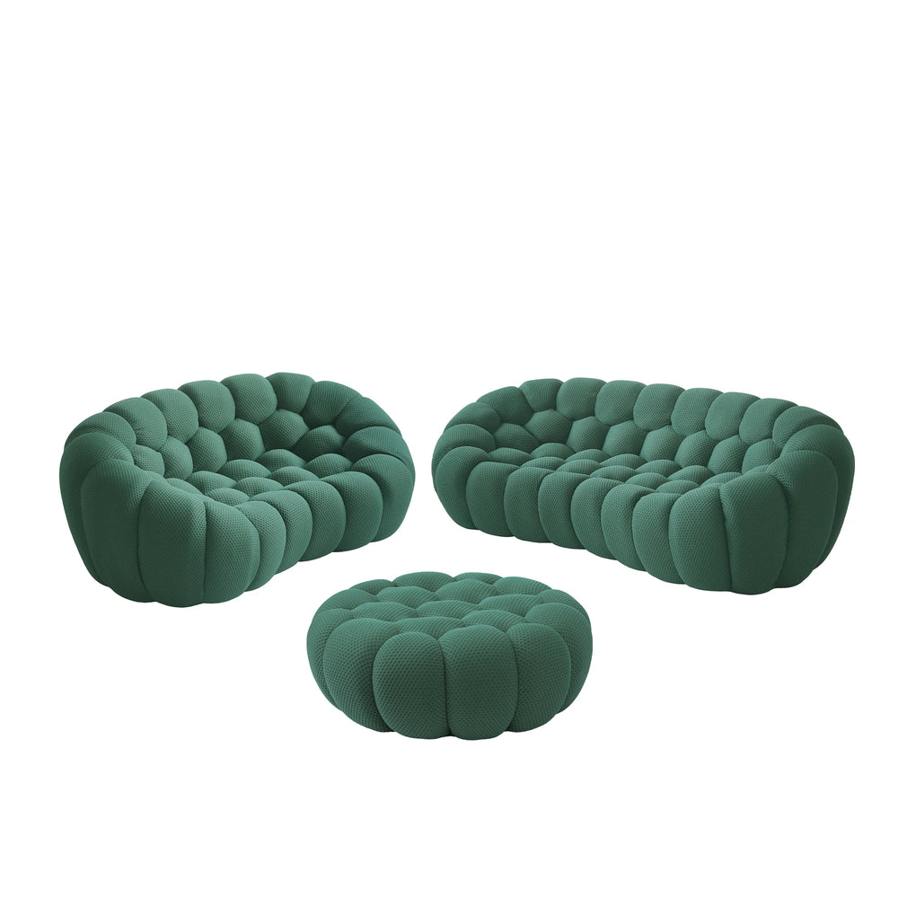 Sofás Essential Arc Boneless | Conjunto de sofás de 3 piezas de tejido de punto 3D verde, 5 plazas y 1 otomana