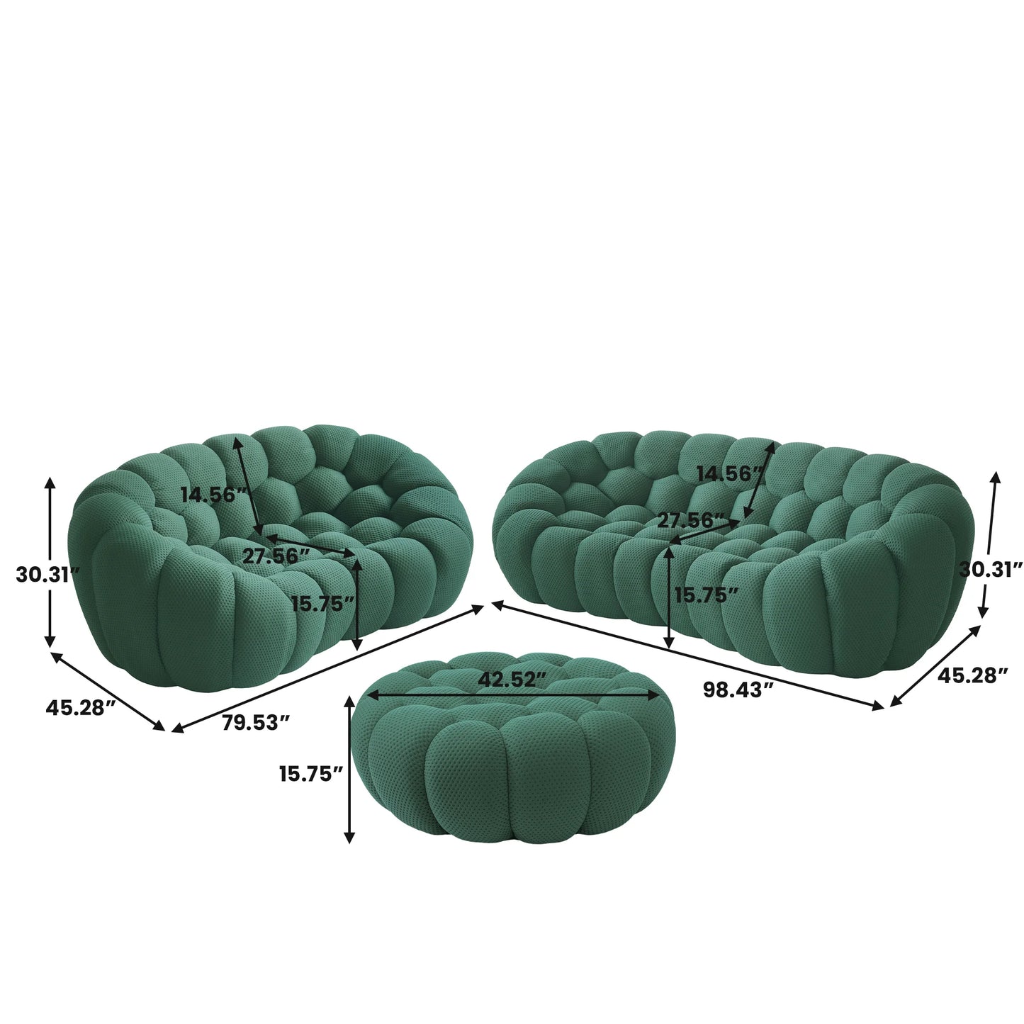 Sofás Essential Arc Boneless | Conjunto de sofás de 3 piezas de tejido de punto 3D verde, 5 plazas y 1 otomana
