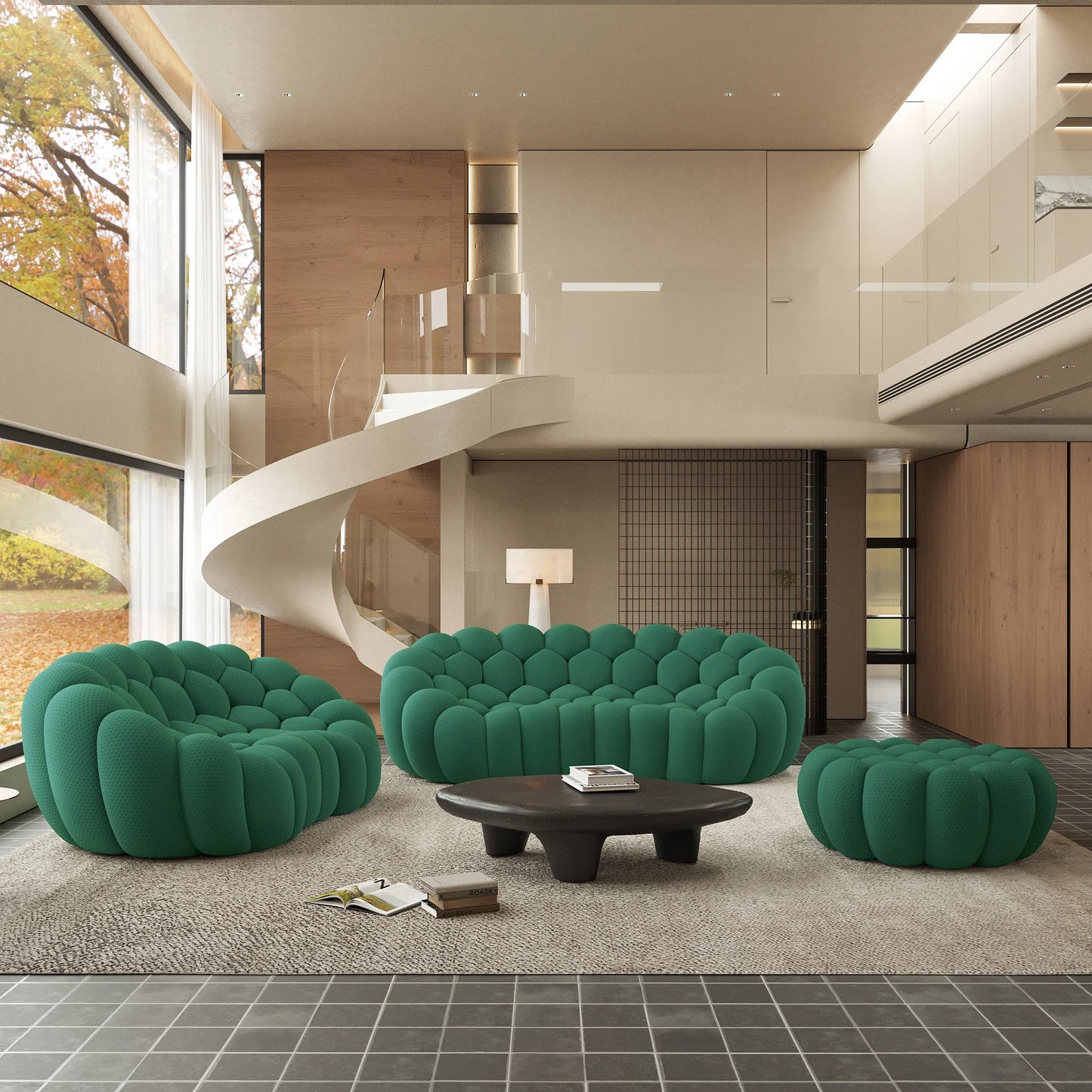 Sofás Essential Arc Boneless | Conjunto de sofás de 3 piezas de tejido de punto 3D verde, 5 plazas y 1 otomana