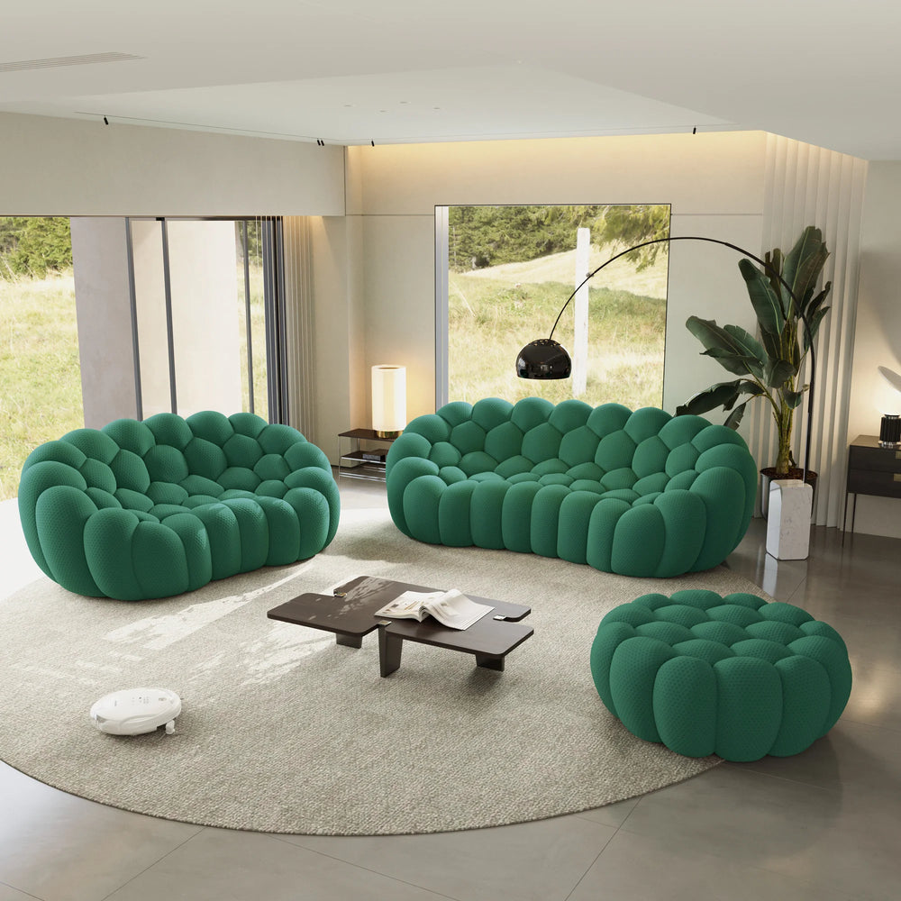 Sofás Essential Arc Boneless | Conjunto de sofás de 3 piezas de tejido de punto 3D verde, 5 plazas y 1 otomana