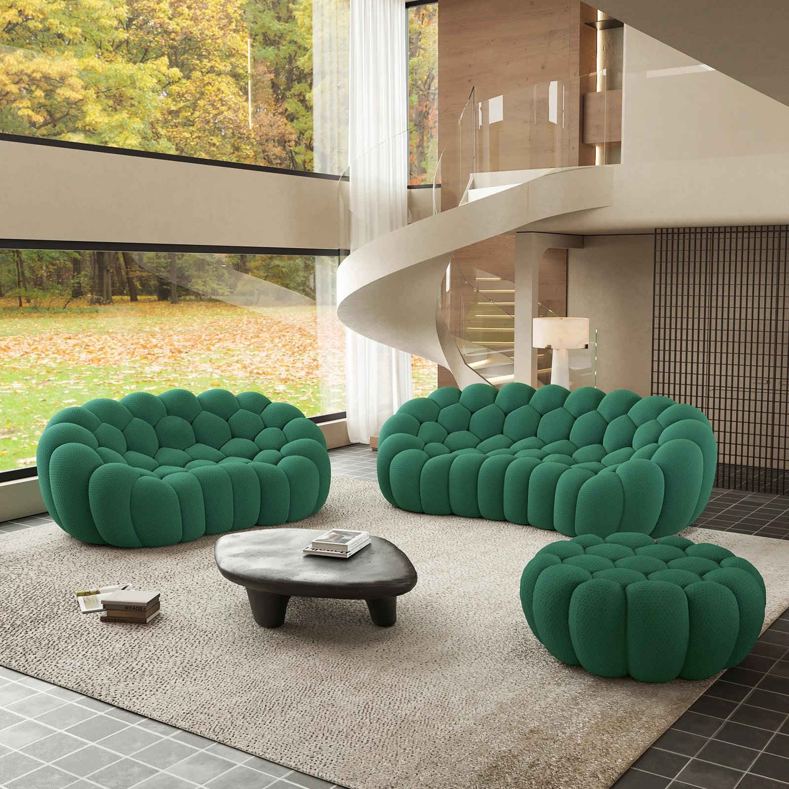 Juegos de sofá esenciales de 5 plazas con tejido de punto 3D verde | 3 piezas (incluye 1 otomana), tejido de punto 3D, ideal para apartamentos