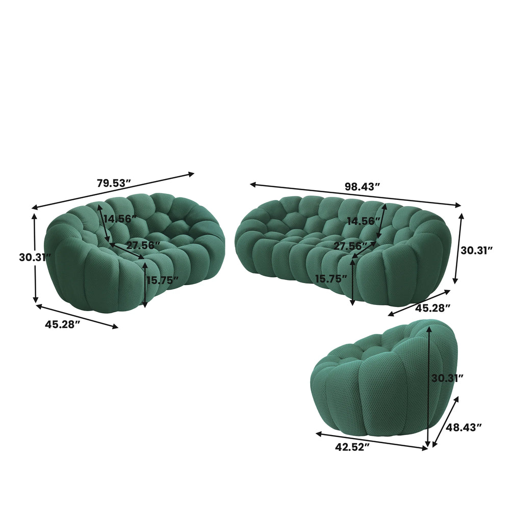 Sofás Essential Arc Boneless | Conjunto de sofás de 3 piezas de tejido de punto 3D verde de 6 plazas