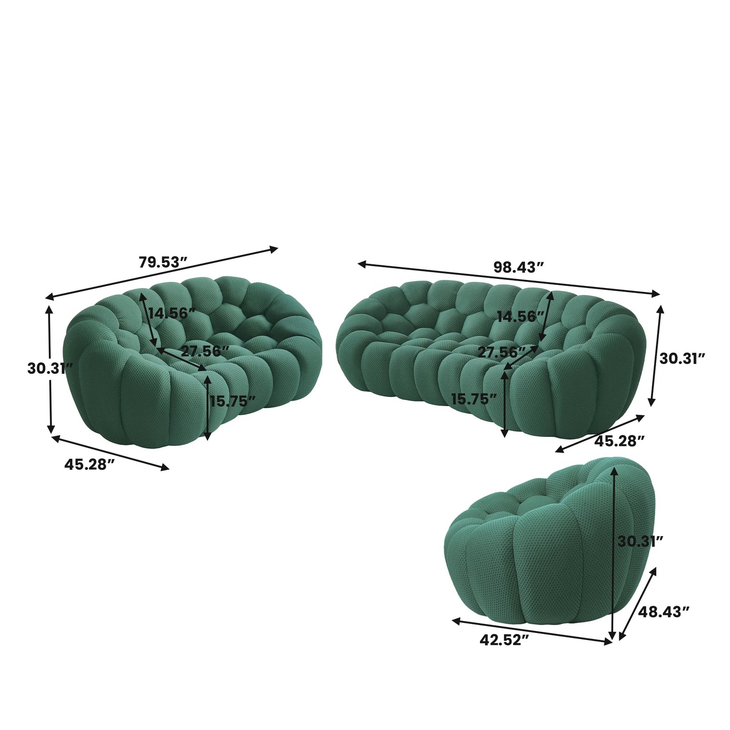 Sofás Essential Arc Boneless | Conjunto de sofás de 3 piezas de tejido de punto 3D verde de 6 plazas