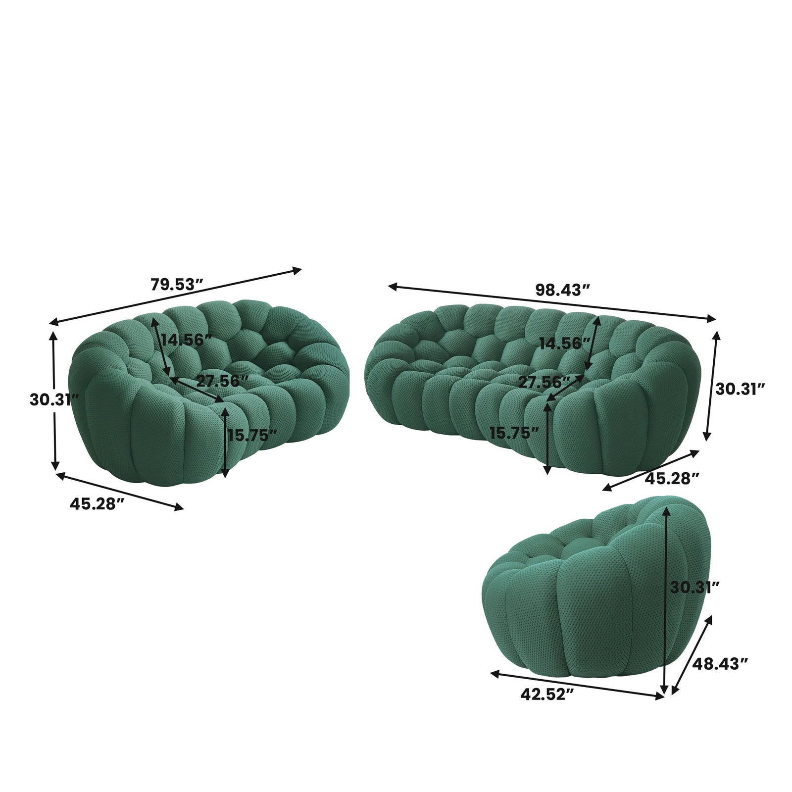 Juego de sofás esencial de 6 asientos de tela 3D-Knitted verde | 3 piezas, tela 3D-Knitted, ideal para apartamentos