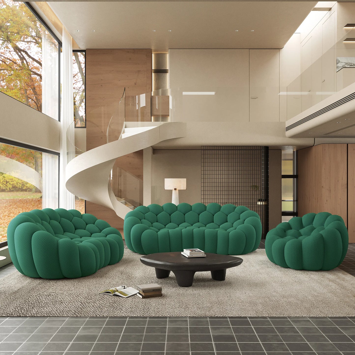 Sofás Essential Arc Boneless | Conjunto de sofás de 3 piezas de tejido de punto 3D verde de 6 plazas