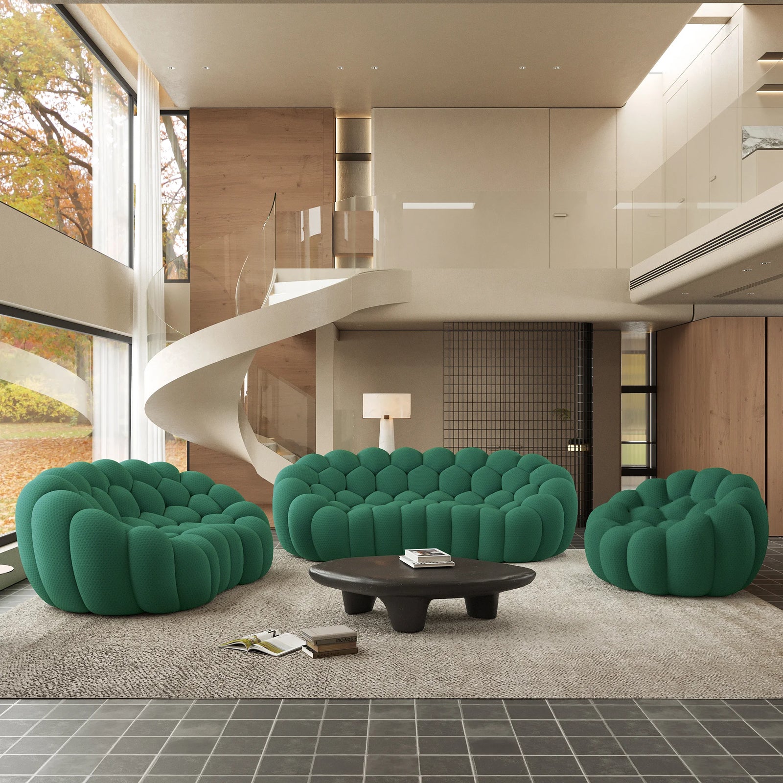 Juego de sofás esencial de 6 asientos de tela 3D-Knitted verde | 3 piezas, tela 3D-Knitted, ideal para apartamentos