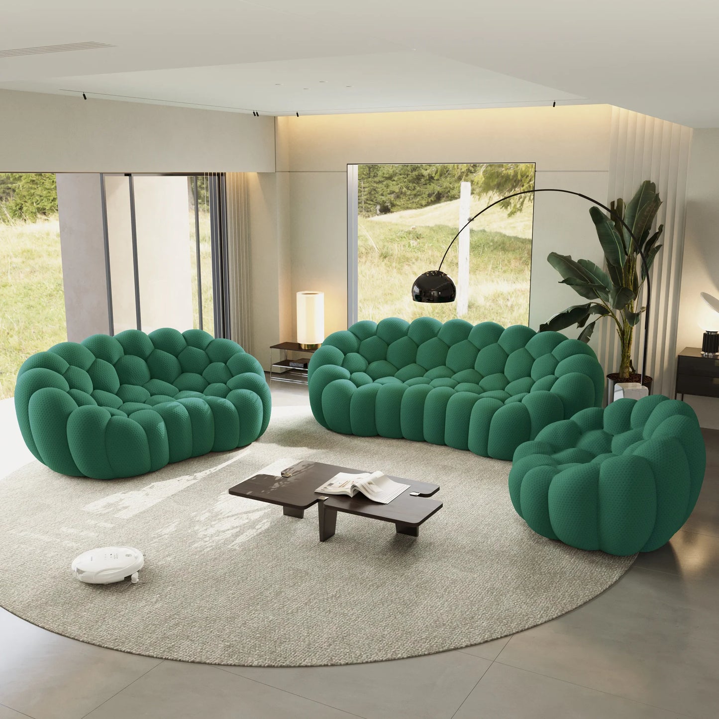 Sofás Essential Arc Boneless | Conjunto de sofás de 3 piezas de tejido de punto 3D verde de 6 plazas