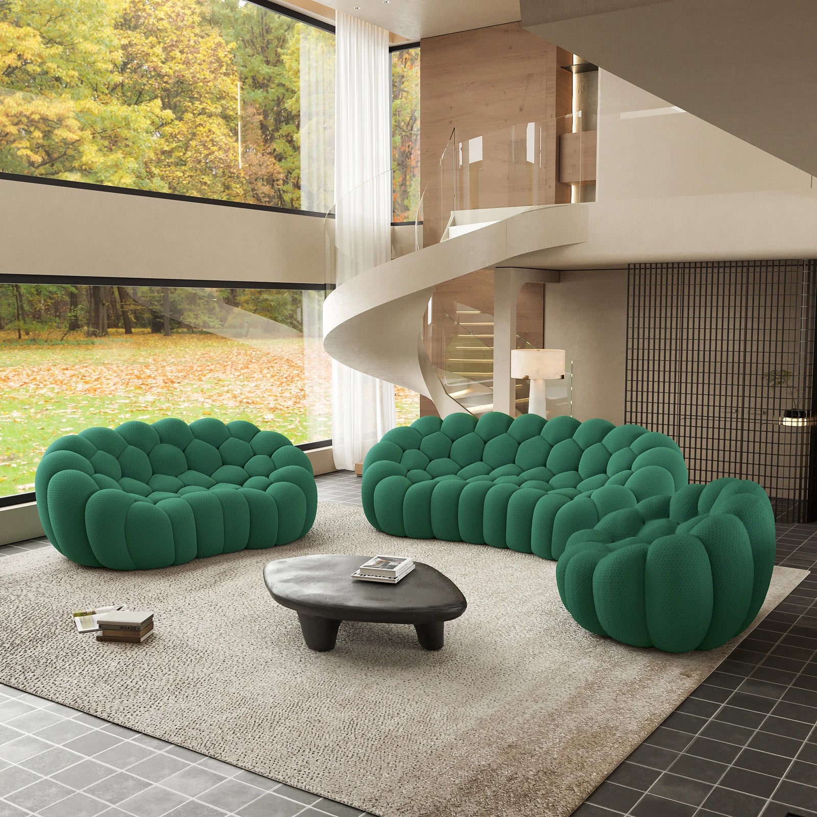 Juego de sofás esencial de 6 asientos de tela 3D-Knitted verde | 3 piezas, tela 3D-Knitted, ideal para apartamentos