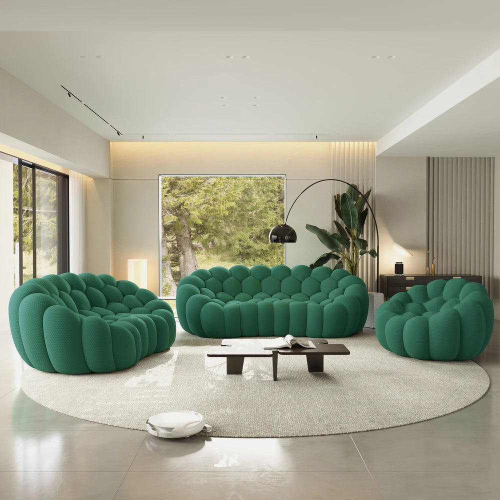 Sofás Essential Arc Boneless | Conjunto de sofás de 3 piezas de tejido de punto 3D verde de 6 plazas