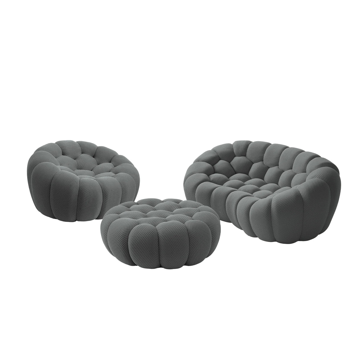 Juego de sofás de 3 plazas de tela 3D Essential de color gris | 3 piezas (incluye 1 otomana), tela 3D, diseño compacto