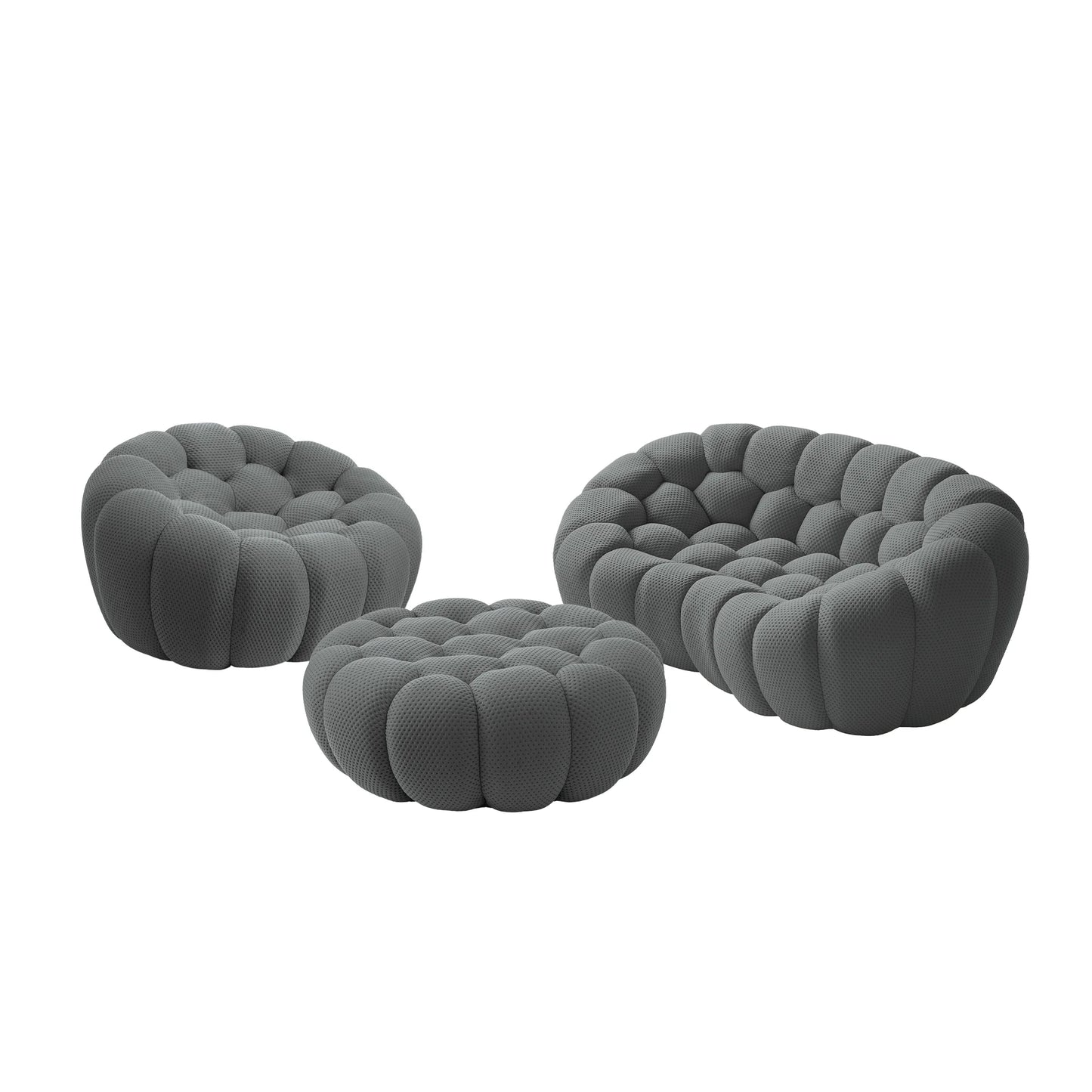 Sofás Essential Arc Boneless | Conjunto de sofás grises de 3 piezas con tejido de punto 3D y 1 otomana