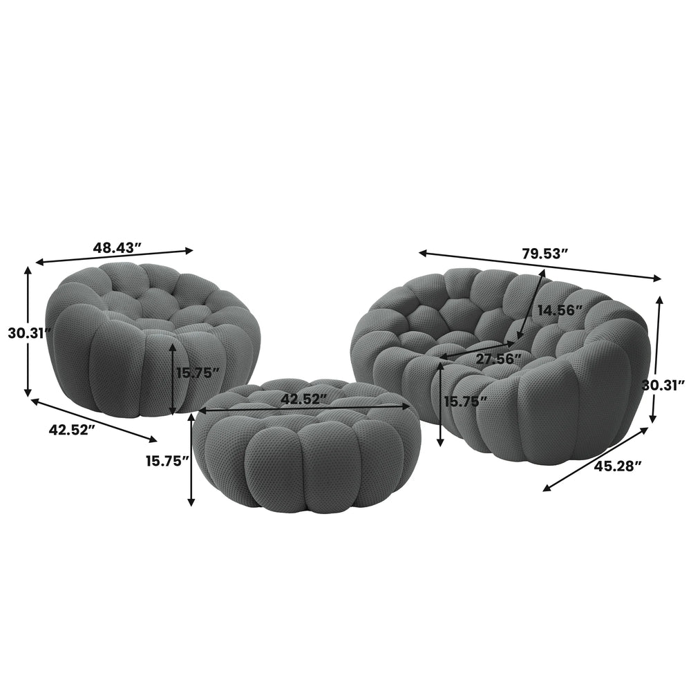 Sofás Essential Arc Boneless | Conjunto de sofás grises de 3 piezas con tejido de punto 3D y 1 otomana