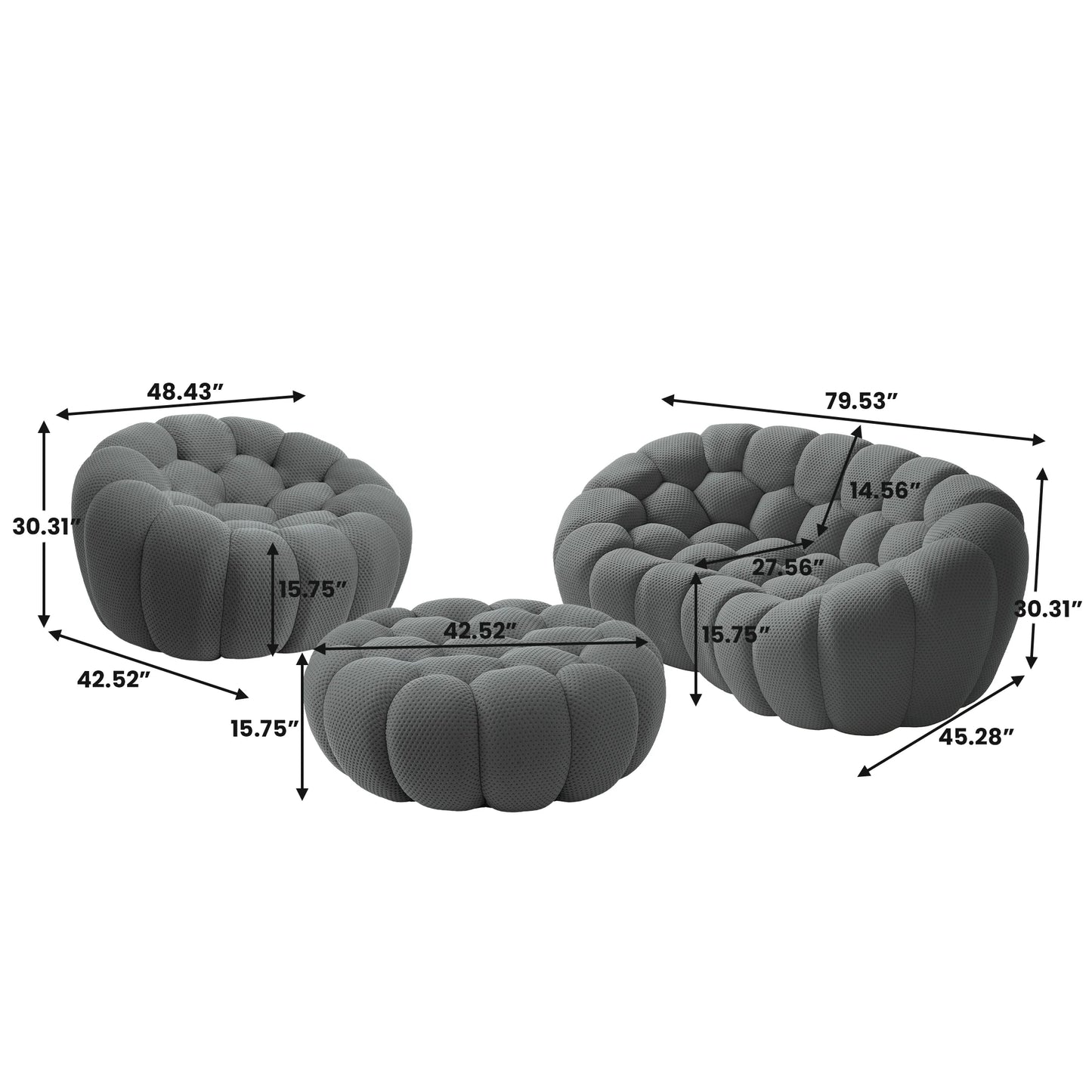 Sofás Essential Arc Boneless | Conjunto de sofás grises de 3 piezas con tejido de punto 3D y 1 otomana