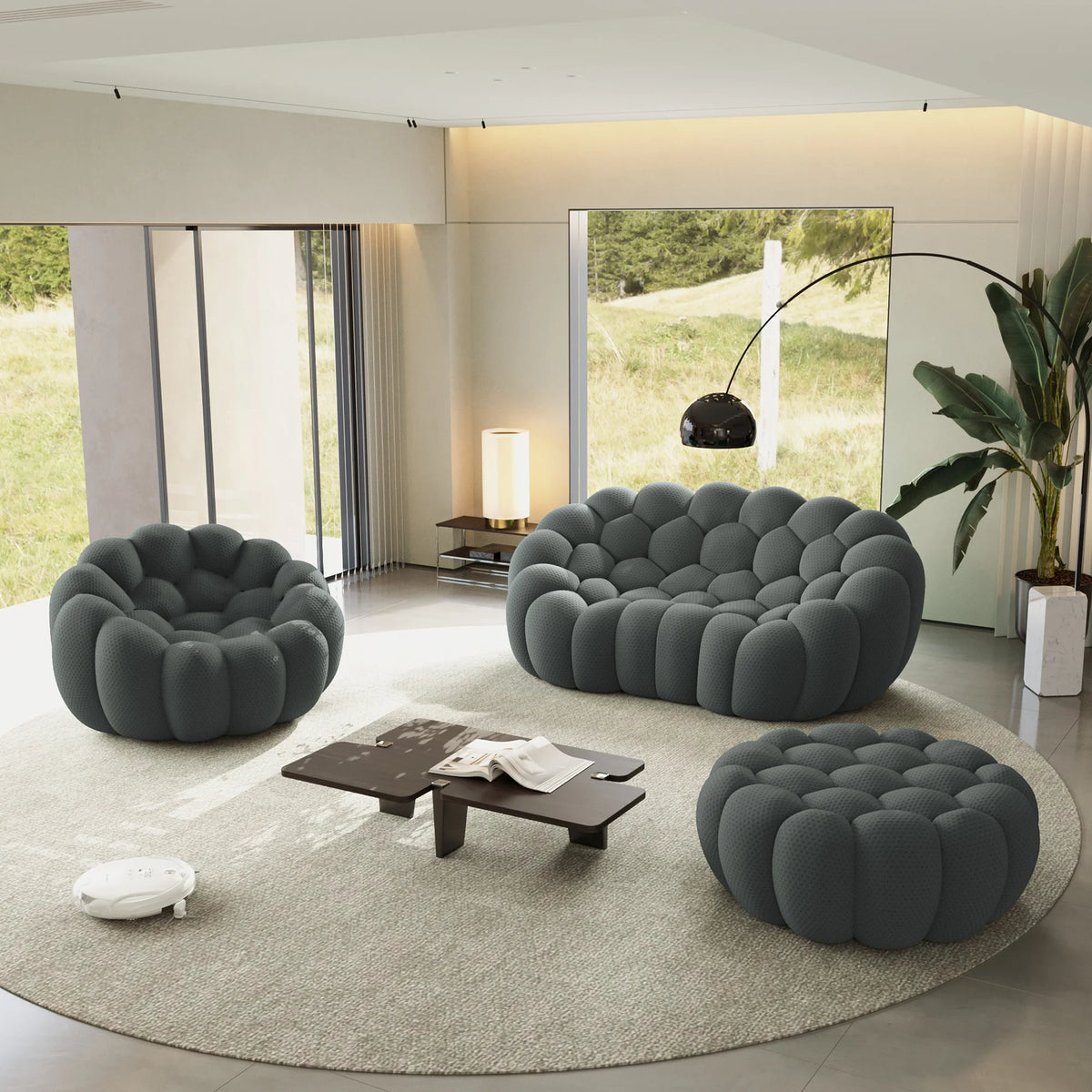Juego de sofás de 3 plazas de tela 3D Essential de color gris | 3 piezas (incluye 1 otomana), tela 3D, diseño compacto