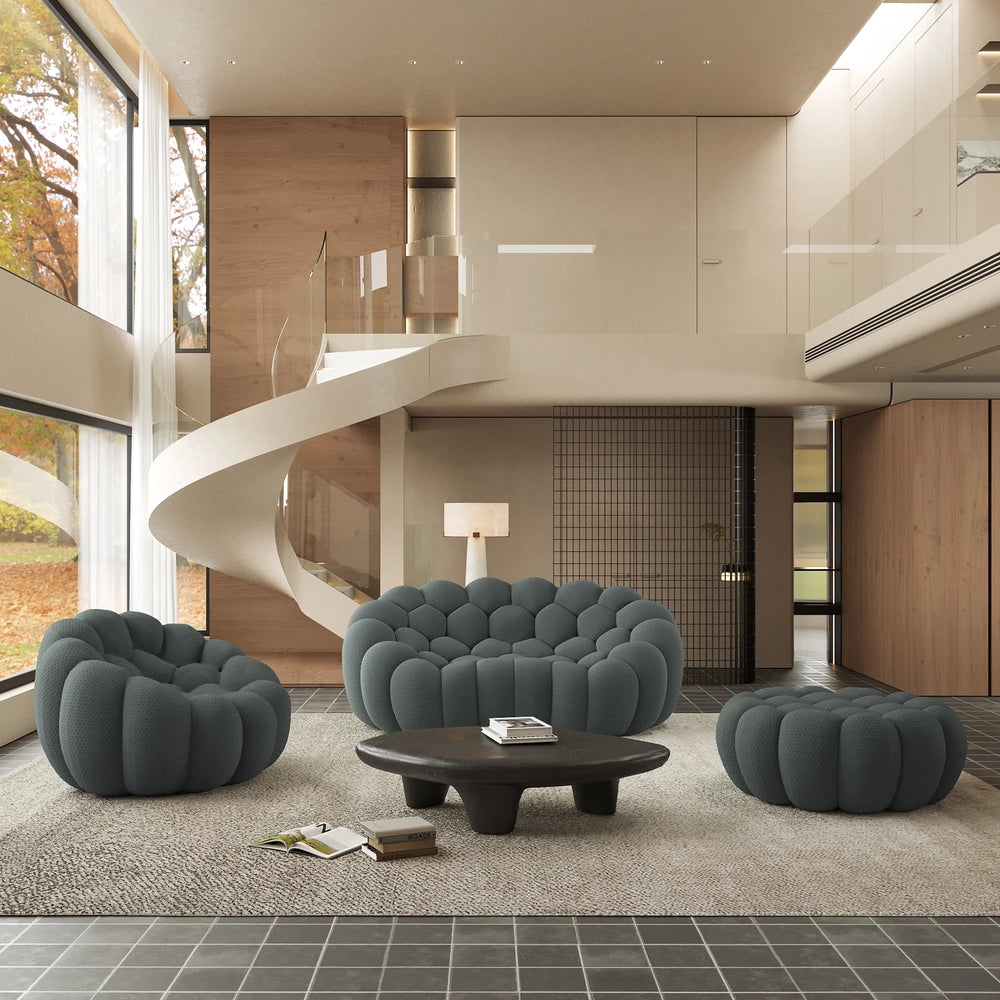 Sofás Essential Arc Boneless | Conjunto de sofás grises de 3 piezas con tejido de punto 3D y 1 otomana