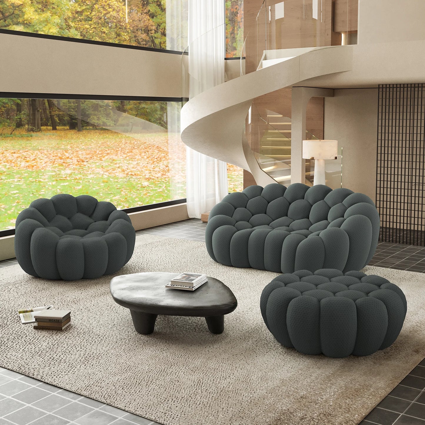 Sofás Essential Arc Boneless | Conjunto de sofás grises de 3 piezas con tejido de punto 3D y 1 otomana