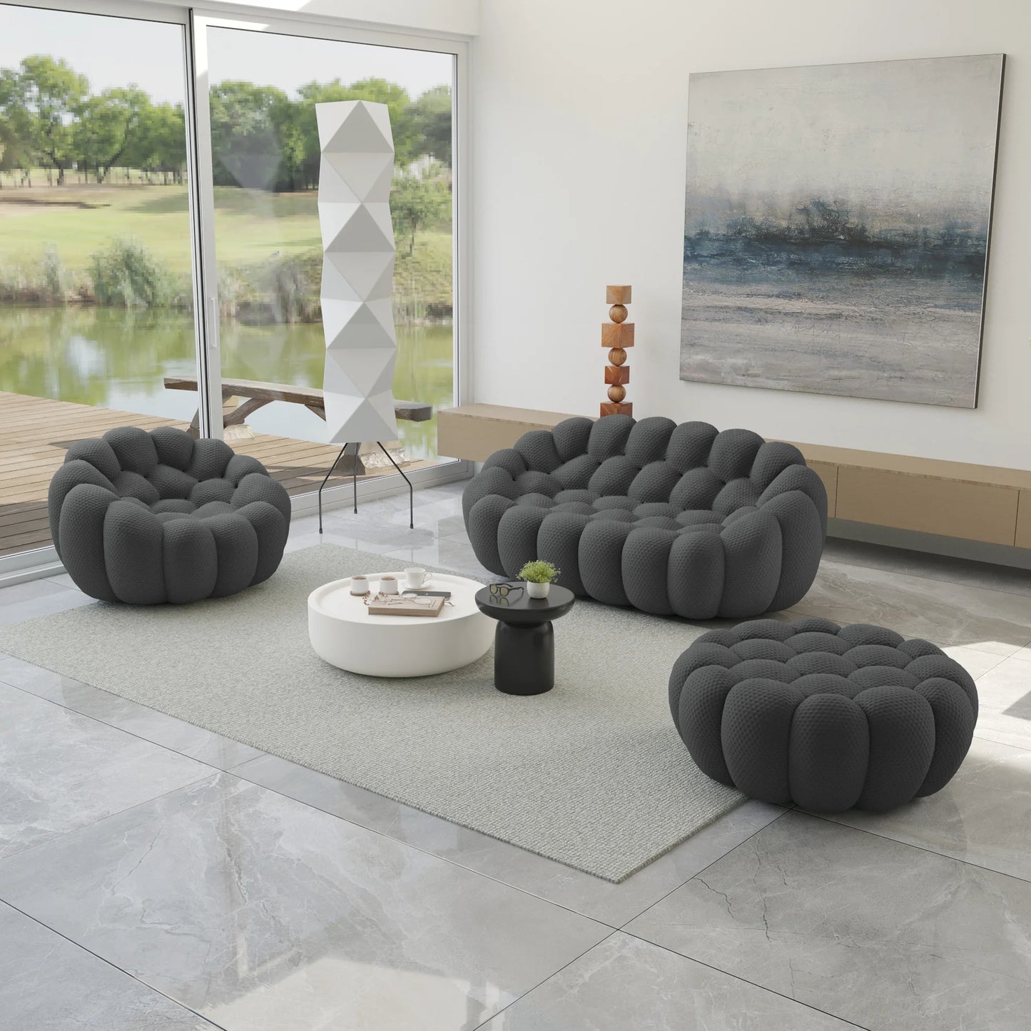 Essential Armless Floor Sofas | 3-Piece 3D Knitted Fabric Grey Sofa Sets 3-Seater With 1 Ottoman