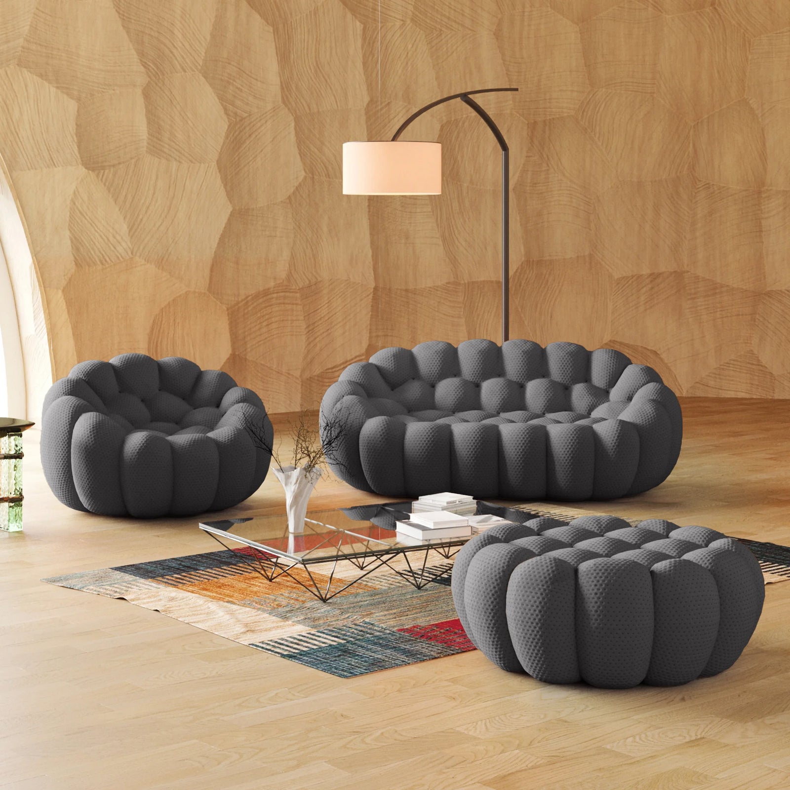Essential 3-Seater grey 3D-Knitted Fabric Sofa Sets | 3-Piece (includes 1 Ottoman), 3D-Knitted Fabric, Compact Design