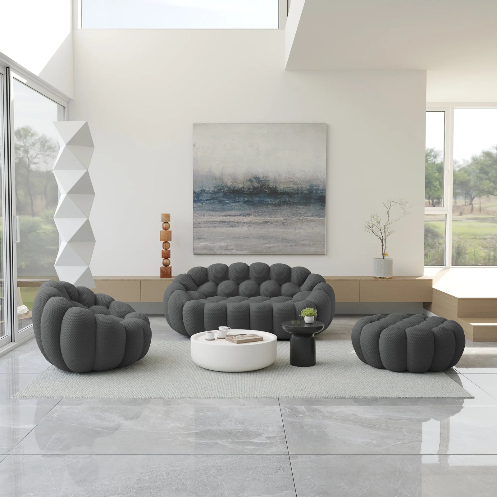 Essential 3-Seater grey 3D-Knitted Fabric Sofa Sets | 3-Piece (includes 1 Ottoman), 3D-Knitted Fabric, Compact Design
