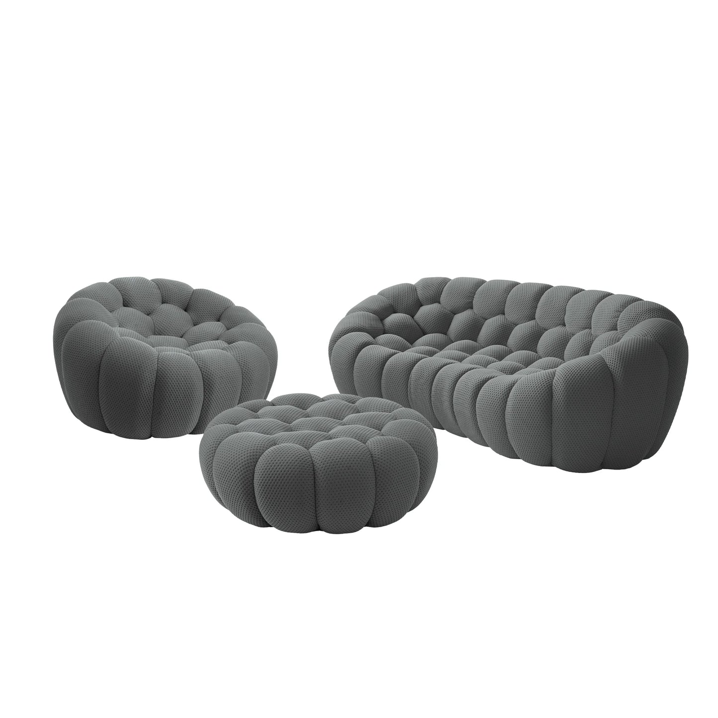 Sofás Essential Arc Boneless | Conjunto de sofás grises de 3 piezas con tejido de punto 3D de 4 plazas y 1 otomana