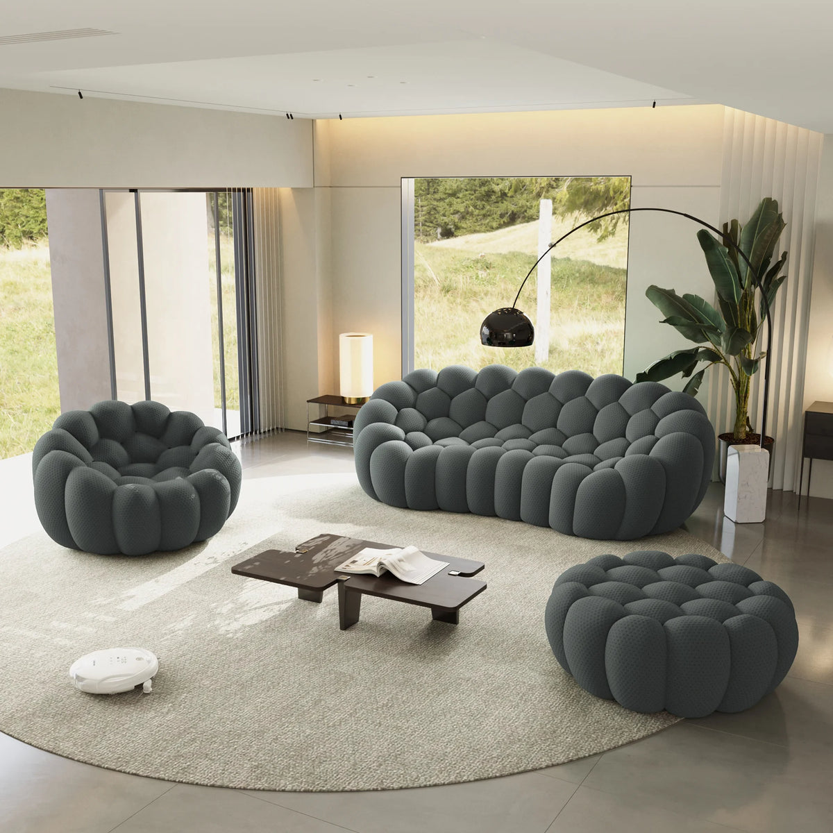 Sofás Essential Arc Boneless | Conjunto de sofás grises de 3 piezas con tejido de punto 3D de 4 plazas y 1 otomana