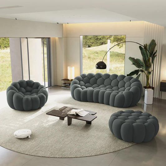 Sofás Essential Arc Boneless | Conjunto de sofás grises de 3 piezas con tejido de punto 3D de 4 plazas y 1 otomana