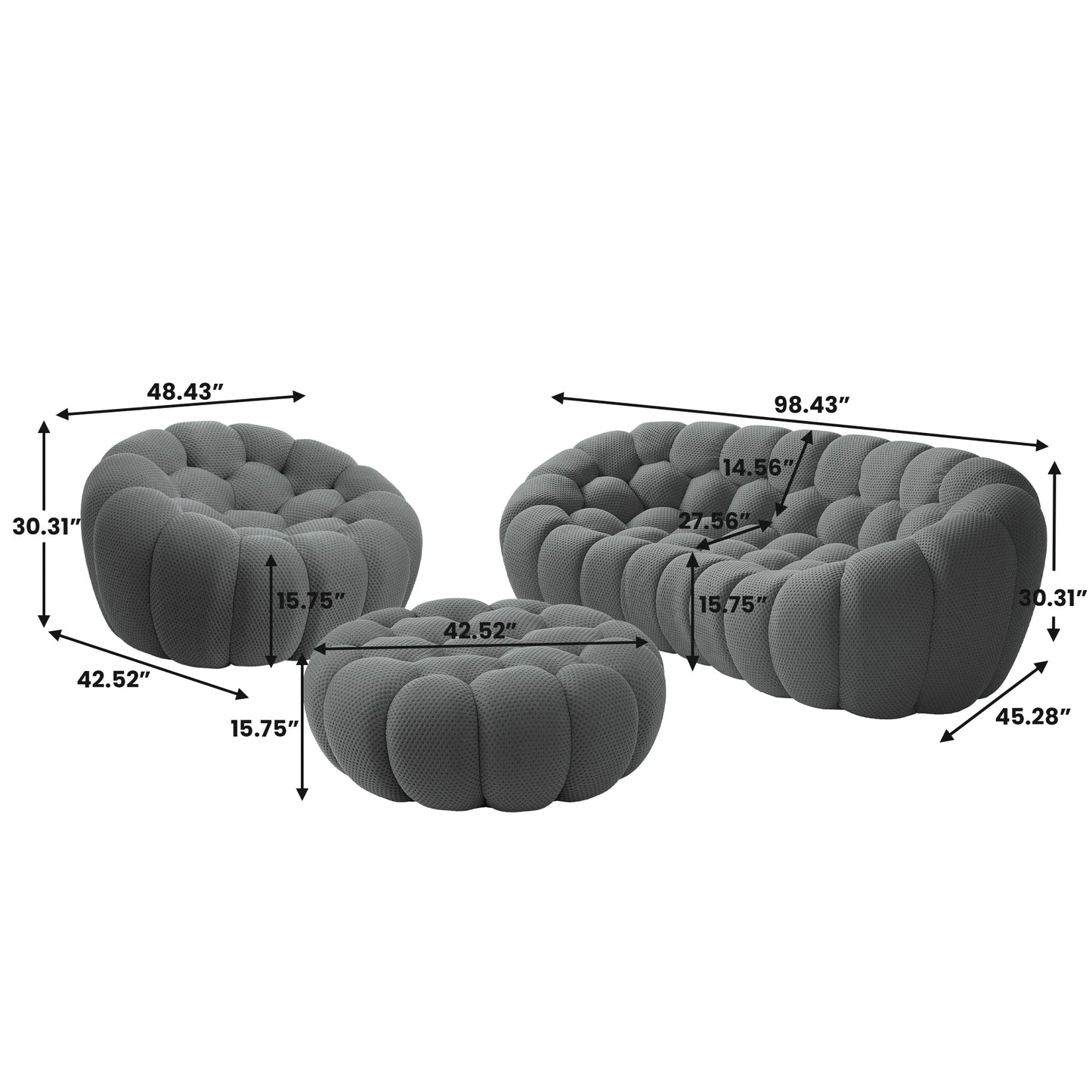 Sofás Essential Arc Boneless | Conjunto de sofás grises de 3 piezas con tejido de punto 3D de 4 plazas y 1 otomana