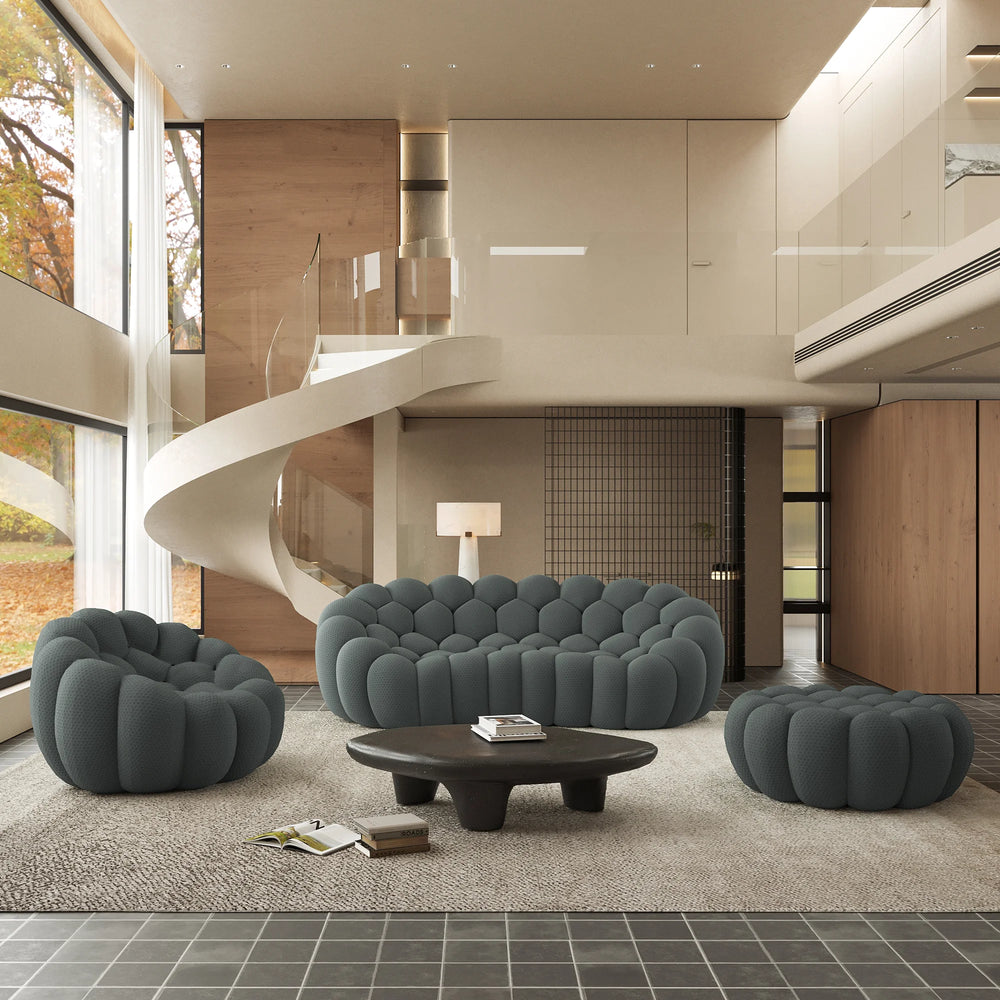 Sofás Essential Arc Boneless | Conjunto de sofás grises de 3 piezas con tejido de punto 3D de 4 plazas y 1 otomana