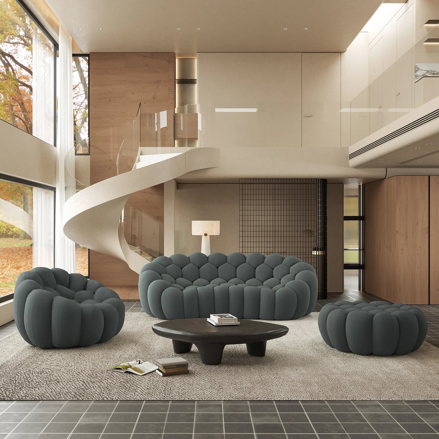 Sofás Essential Arc Boneless | Conjunto de sofás grises de 3 piezas con tejido de punto 3D de 4 plazas y 1 otomana