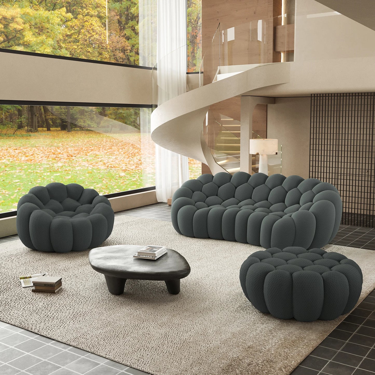 Sofás Essential Arc Boneless | Conjunto de sofás grises de 3 piezas con tejido de punto 3D de 4 plazas y 1 otomana