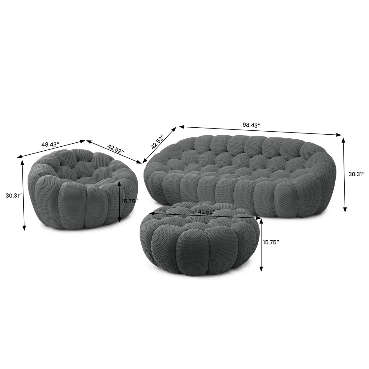 Juegos de sofá Essential de 4 plazas en tejido de punto 3D gris | 3 piezas (incluye 1 otomana), tejido de punto 3D, espacio grande