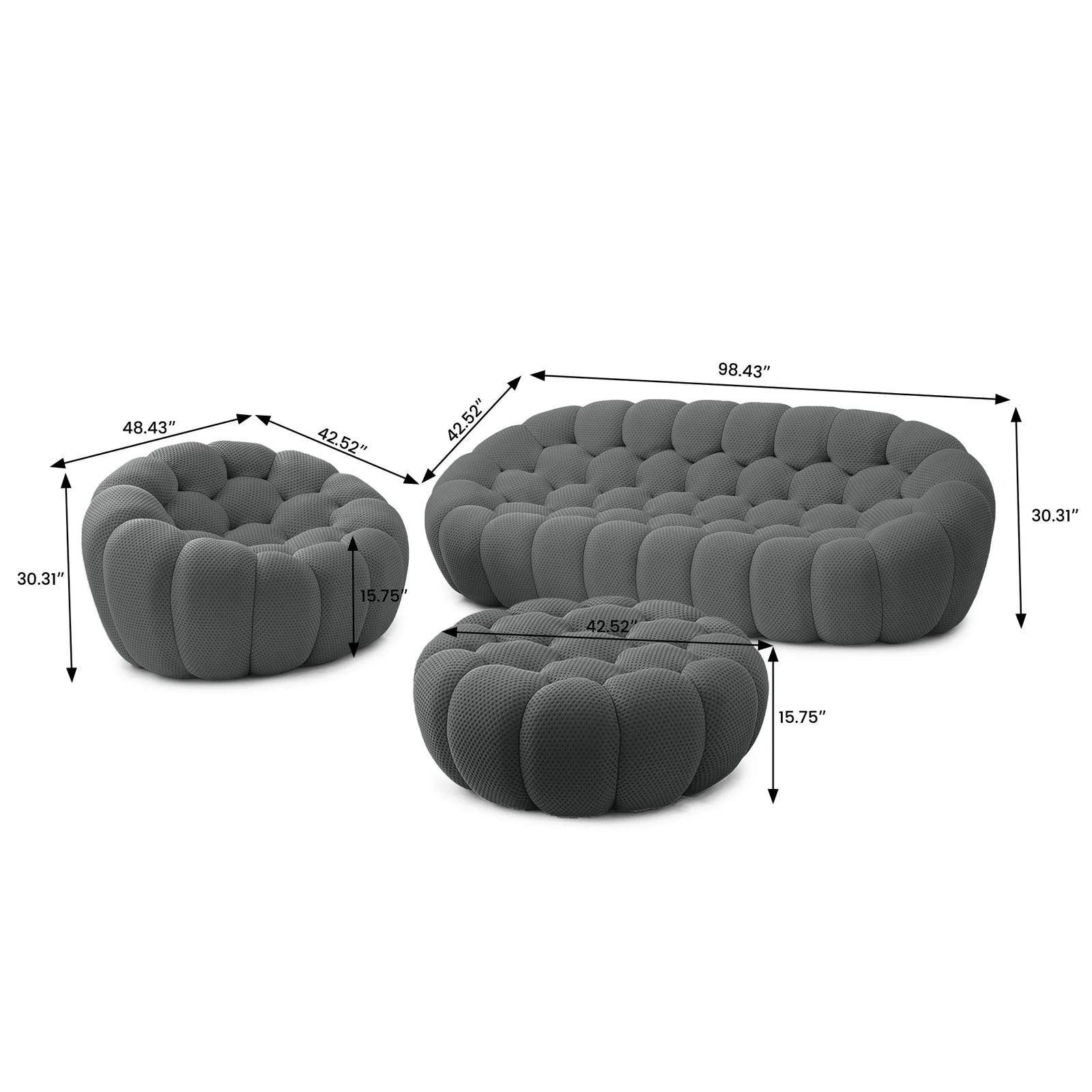 Essential 4-Seater grey 3D-Knitted Fabric Sofa Sets | 3-Piece (includes 1 Ottoman), 3D-Knitted Fabric, Large Space