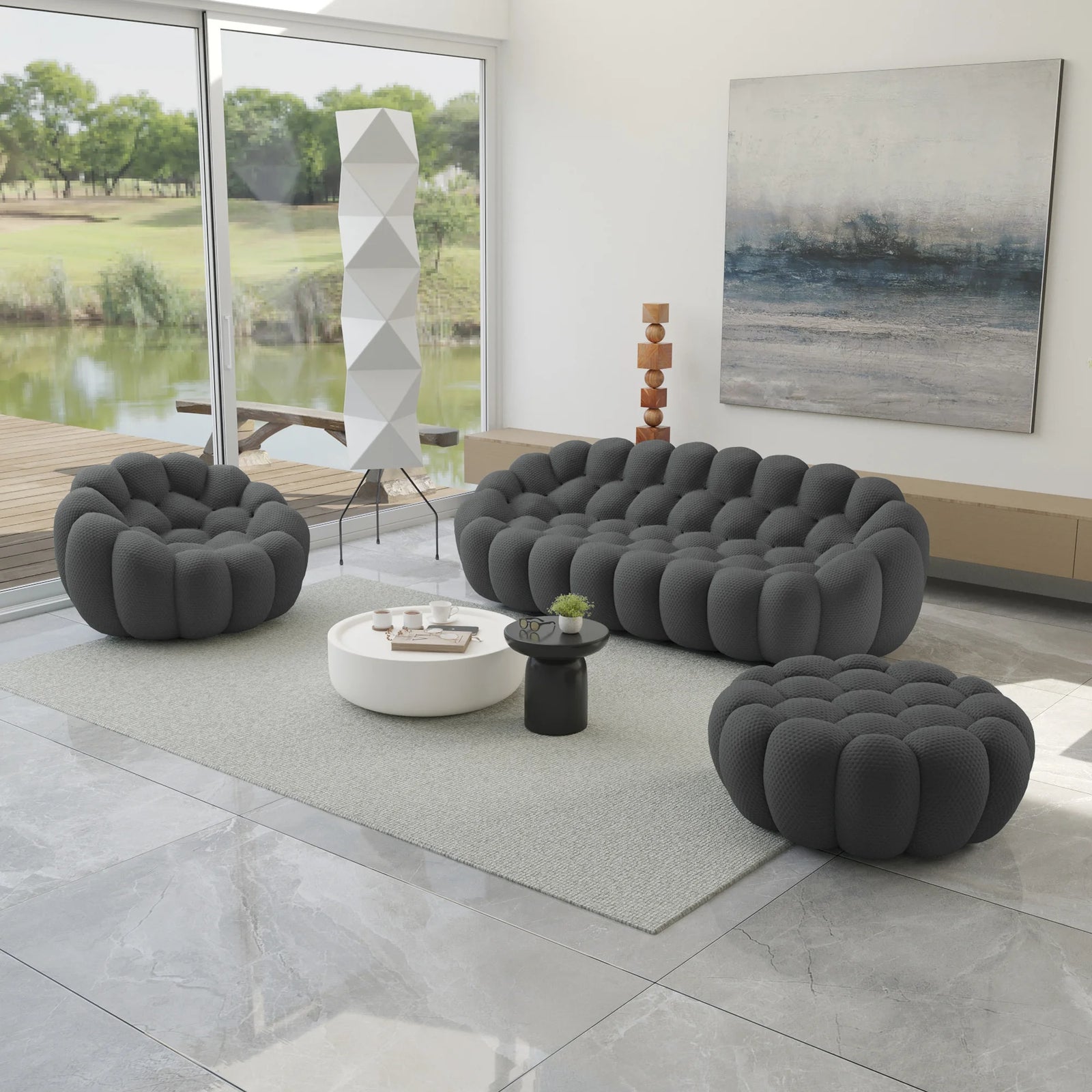 Essential 4-Seater grey 3D-Knitted Fabric Sofa Sets | 3-Piece (includes 1 Ottoman), 3D-Knitted Fabric, Large Space