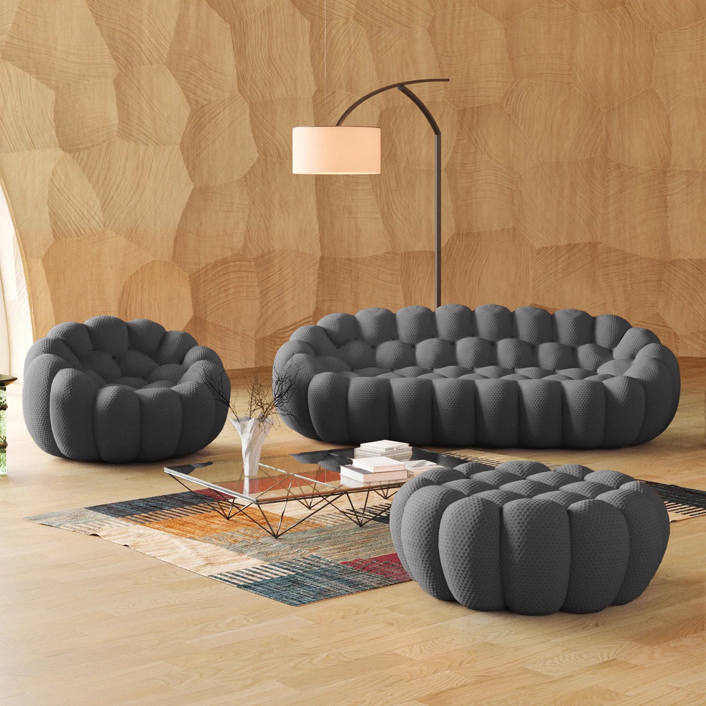 Essential Armless Floor Sofas | 3-Piece 3D Knitted Fabric Grey Sofa Sets 4-Seater With 1 Ottoman