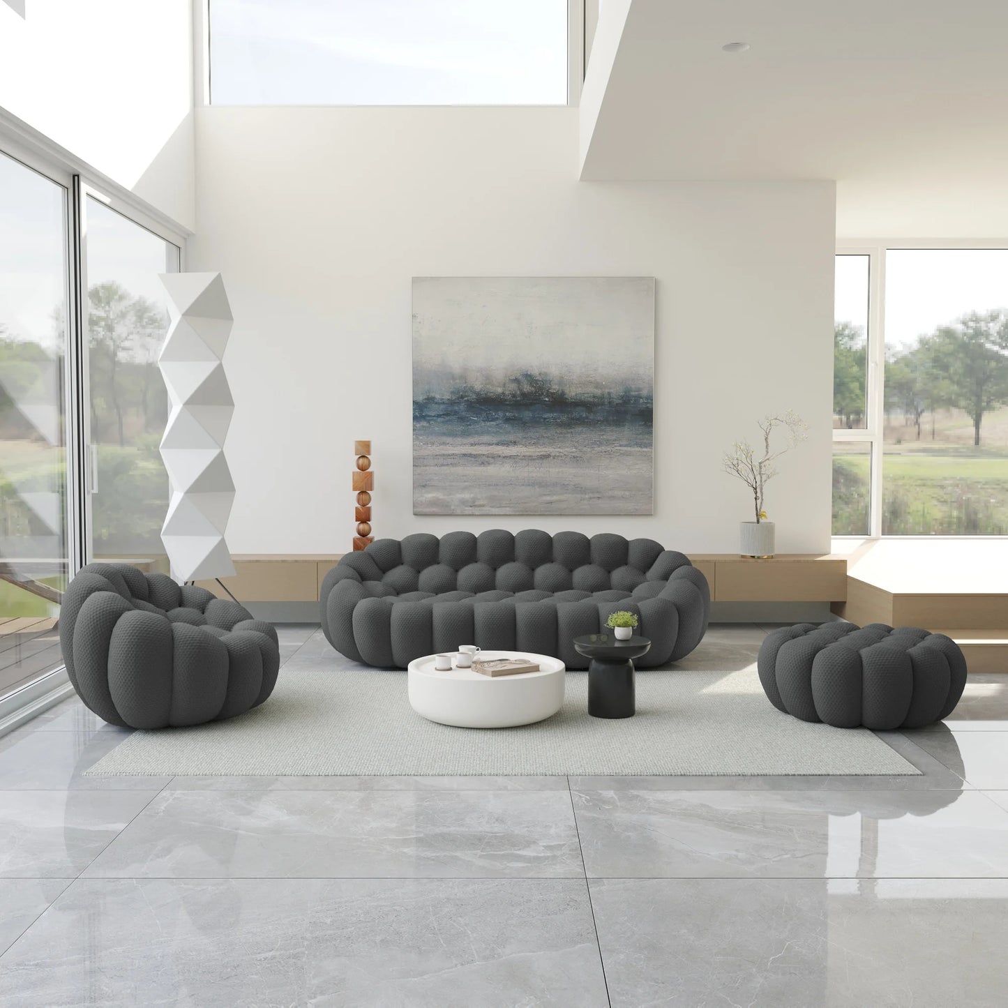 Essential Armless Floor Sofas | 3-Piece 3D Knitted Fabric Grey Sofa Sets 4-Seater With 1 Ottoman