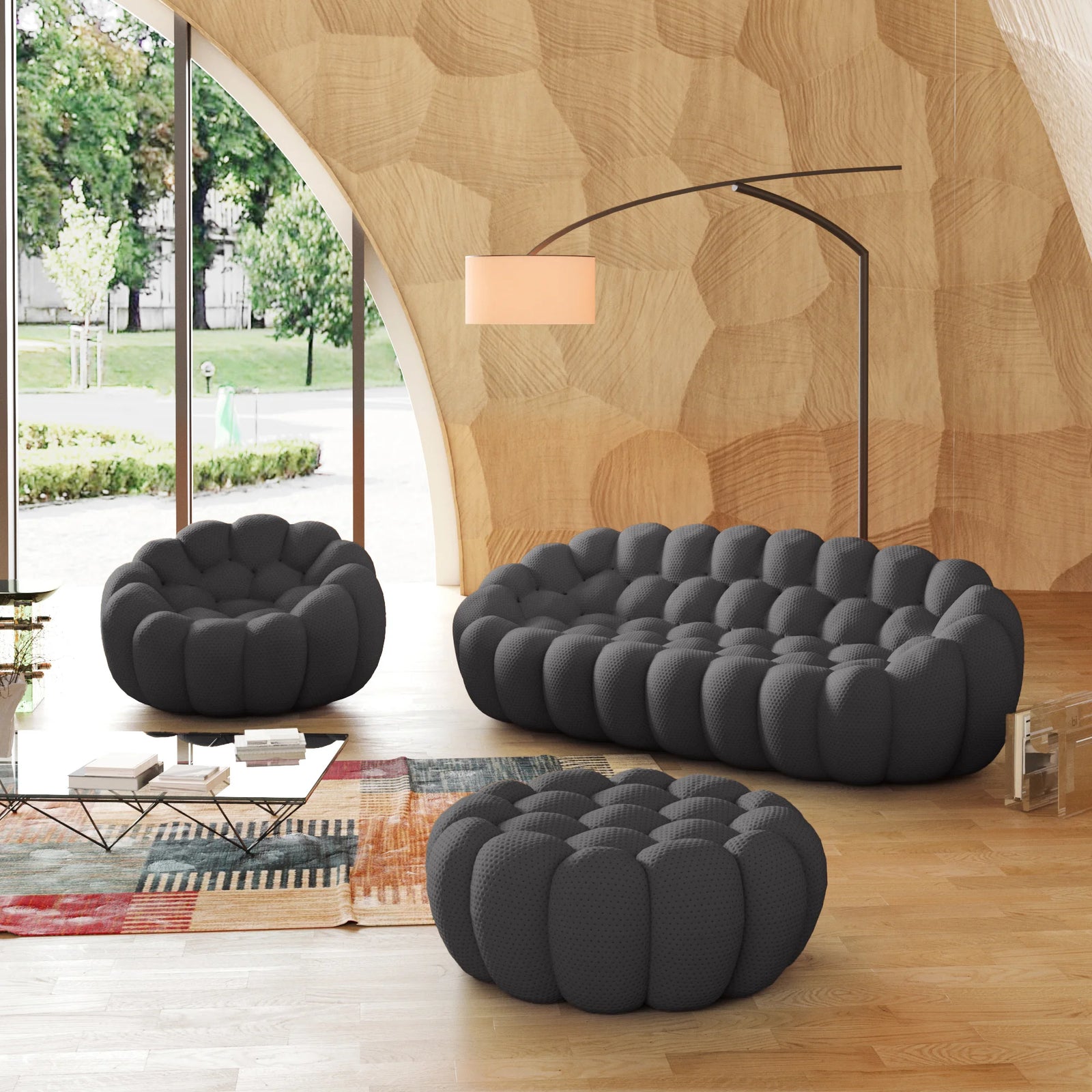 Essential 4-Seater grey 3D-Knitted Fabric Sofa Sets | 3-Piece (includes 1 Ottoman), 3D-Knitted Fabric, Large Space