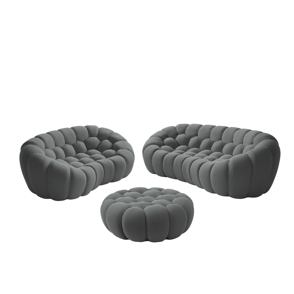 Sofás Essential Arc Boneless | Conjunto de sofás grises de 3 piezas con tejido de punto 3D de 5 plazas y 1 otomana