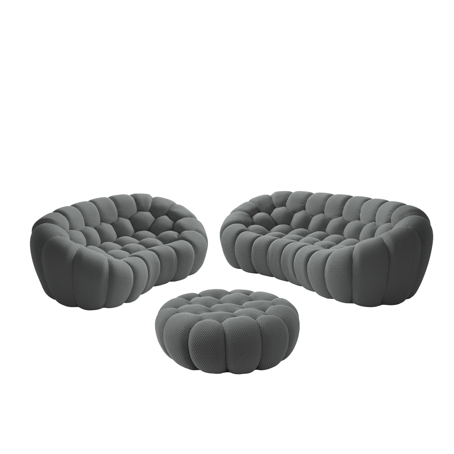 Sofás Essential Arc Boneless | Conjunto de sofás grises de 3 piezas con tejido de punto 3D de 5 plazas y 1 otomana