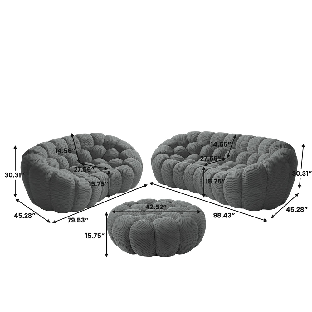 Sofás Essential Arc Boneless | Conjunto de sofás grises de 3 piezas con tejido de punto 3D de 5 plazas y 1 otomana