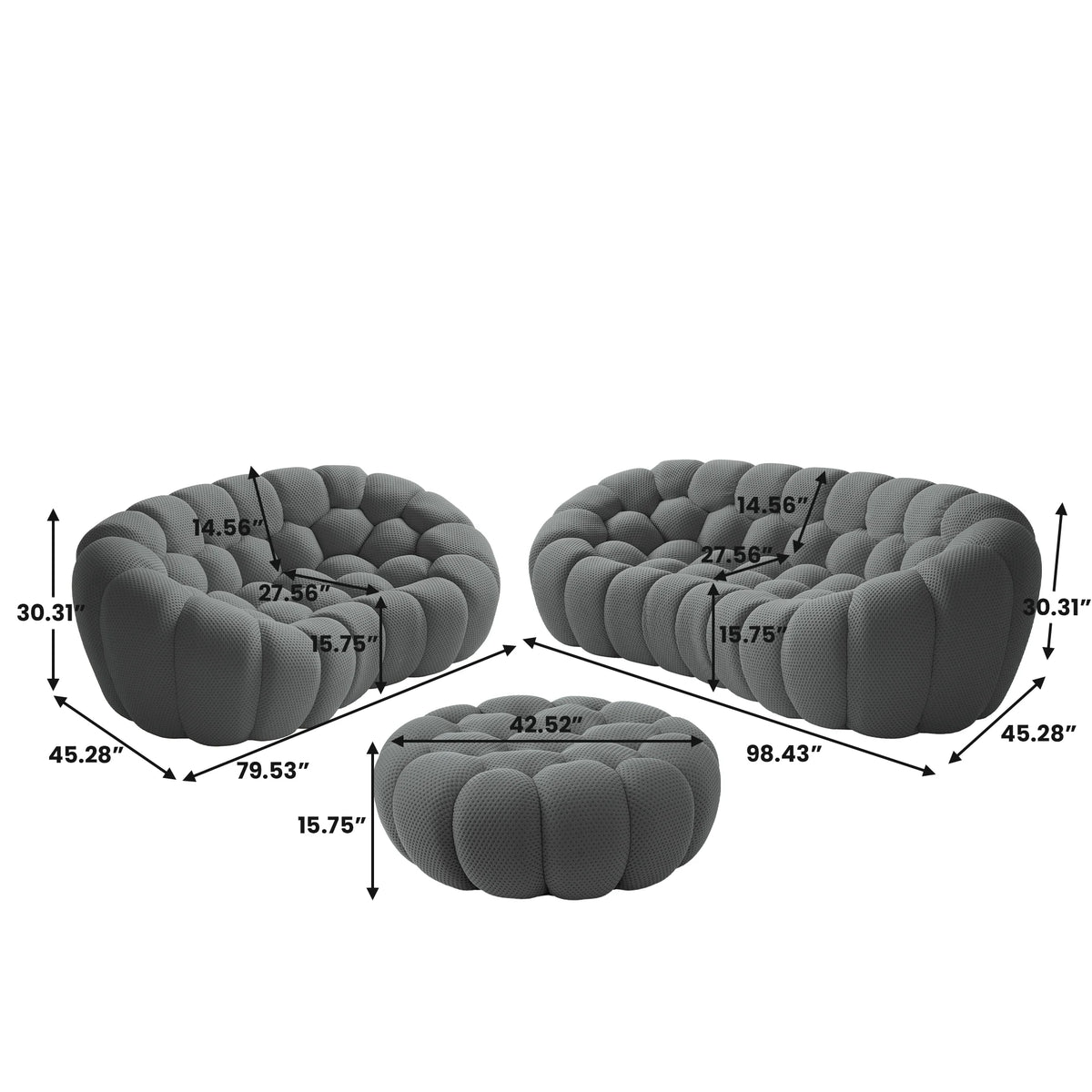 Juegos de sofás esenciales de 5 asientos de tela tejida en 3D gris | 3 piezas (incluye 1 otomana), tela tejida en 3D, espacio grande