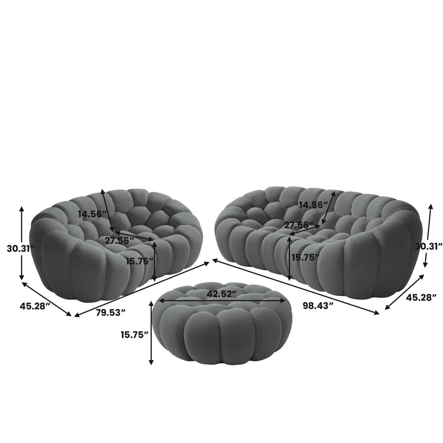 Sofás Essential Arc Boneless | Conjunto de sofás grises de 3 piezas con tejido de punto 3D de 5 plazas y 1 otomana