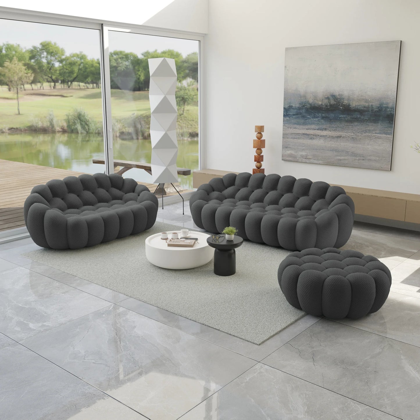 Essential Armless Floor Sofas | 3-Piece 3D Knitted Fabric Grey Sofa Sets 5-Seater With 1 Ottoman