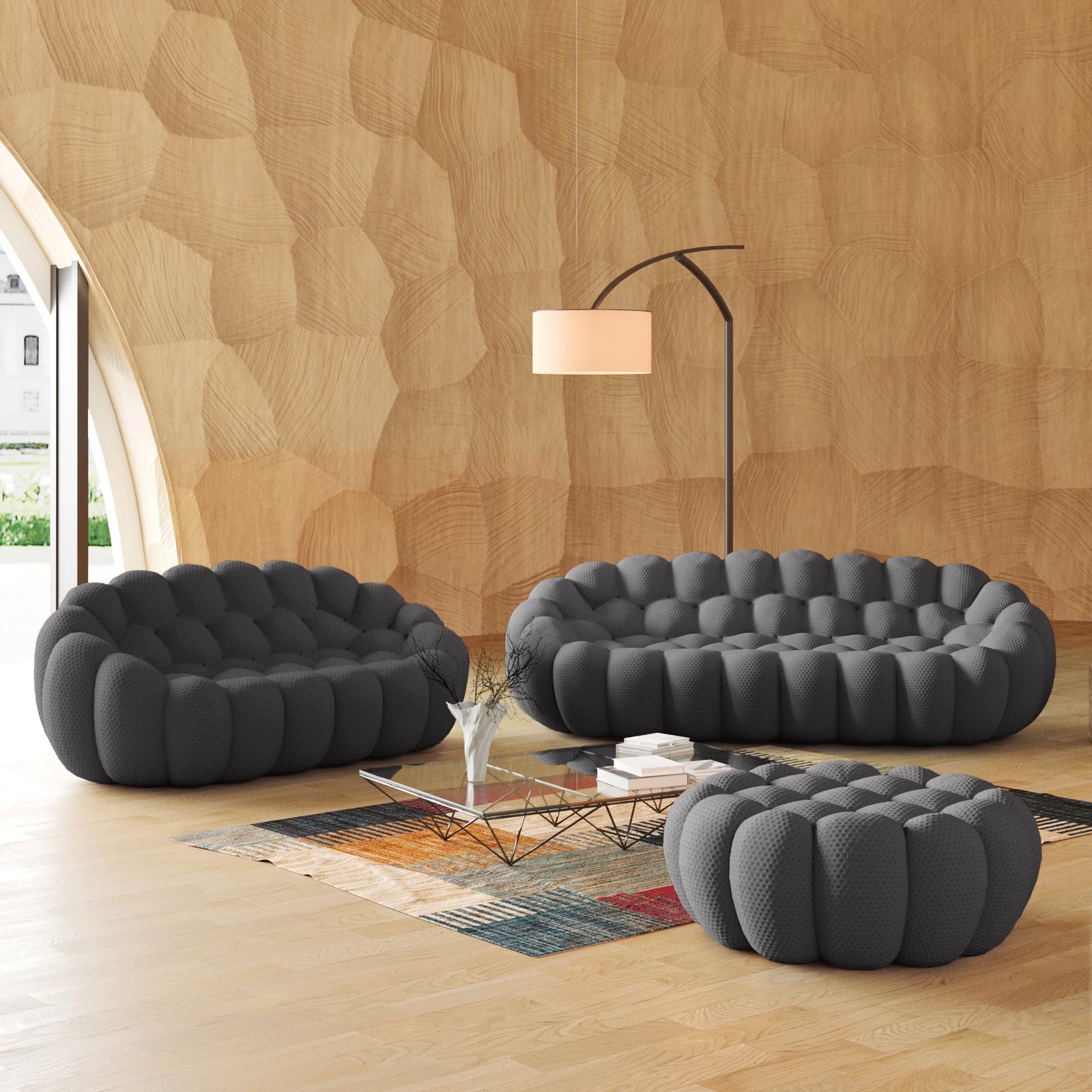 Essential 5-Seater grey 3D-Knitted Fabric Sofa Sets | 3-Piece (includes 1 Ottoman), 3D-Knitted Fabric, Compact Design