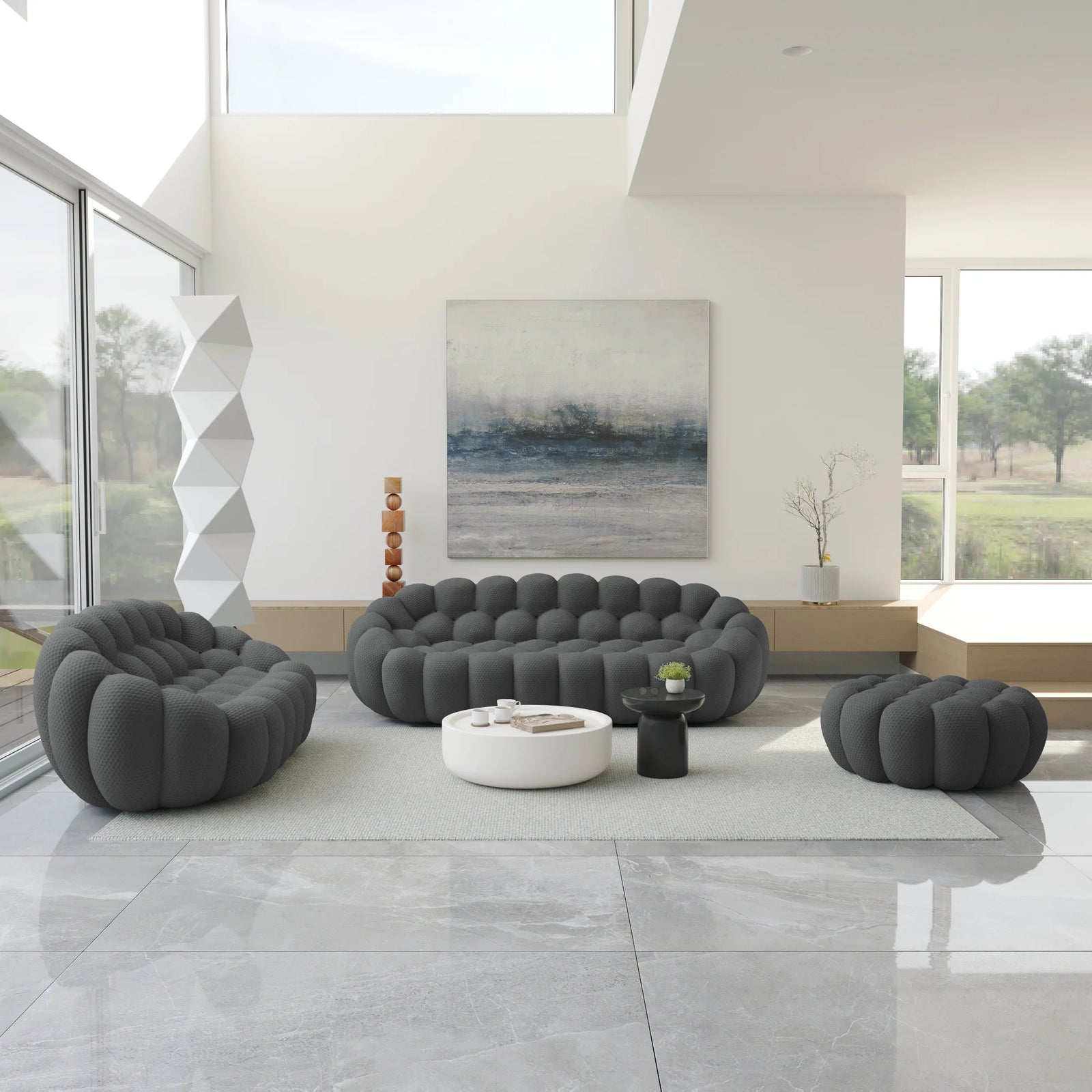 Essential 5-Seater grey 3D-Knitted Fabric Sofa Sets | 3-Piece (includes 1 Ottoman), 3D-Knitted Fabric, Compact Design