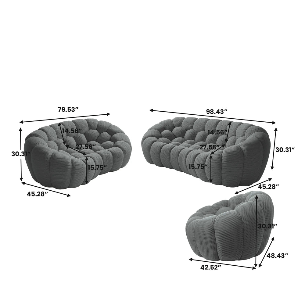 Sofás Essential Arc Boneless | Conjunto de sofás grises de 3 piezas con tejido de punto 3D de 6 plazas