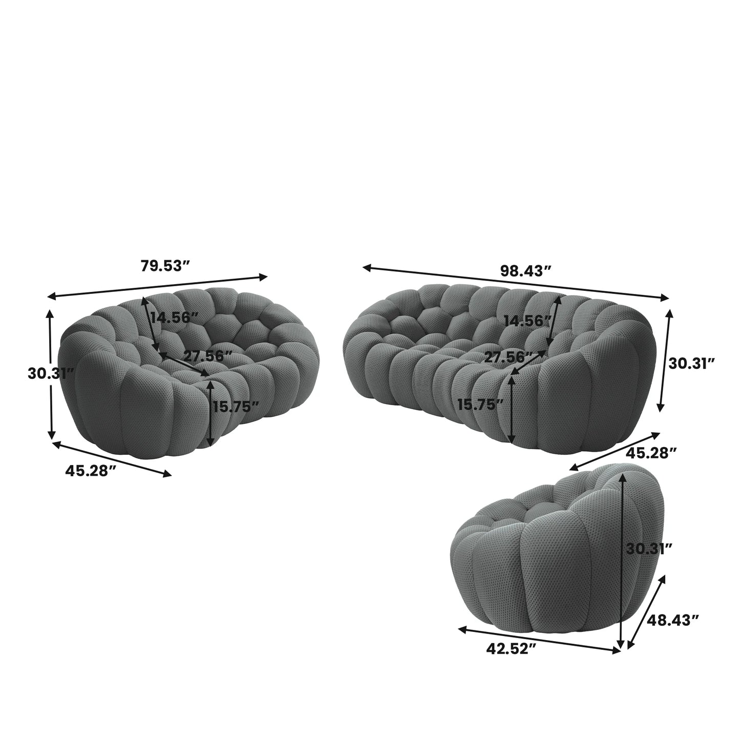 Sofás Essential Arc Boneless | Conjunto de sofás grises de 3 piezas con tejido de punto 3D de 6 plazas