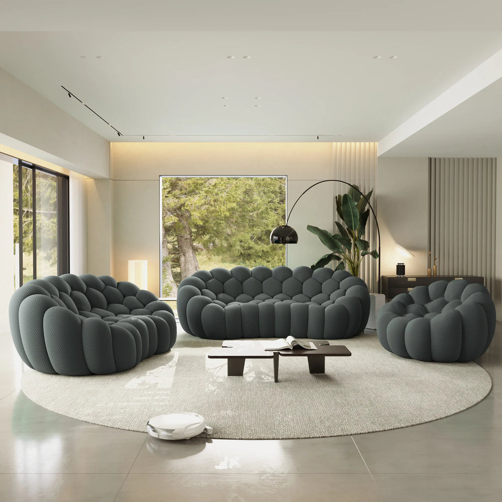 Sofás Essential Arc Boneless | Conjunto de sofás grises de 3 piezas con tejido de punto 3D de 6 plazas