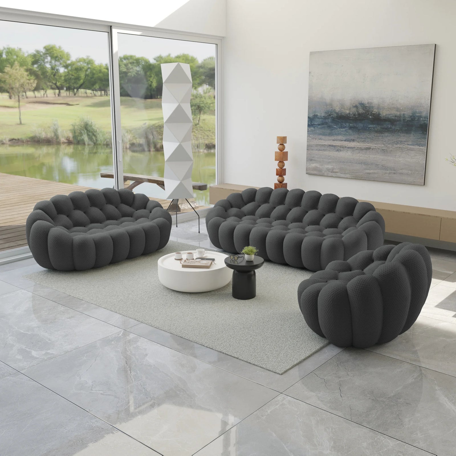 Essential 6-Seater grey 3D-Knitted Fabric Sofa Sets | 3-Piece, 3D-Knitted Fabric, Large Space