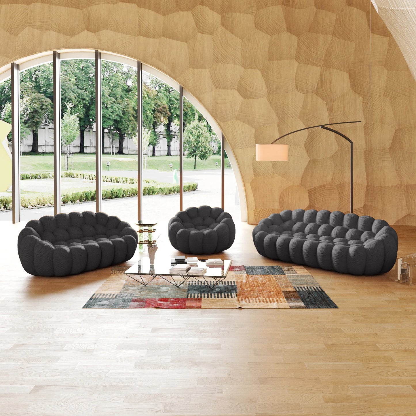 Essential Armless Floor Sofas | 3-Piece 3D Knitted Fabric Grey Sofa Sets 6-Seater